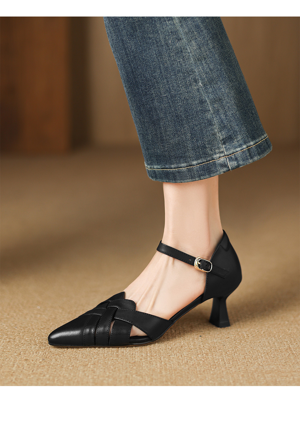 Giày sandal cao gót nữ quai ngang mũi nhọn da cừu gót 5,5 cm — đen chi tiết 12