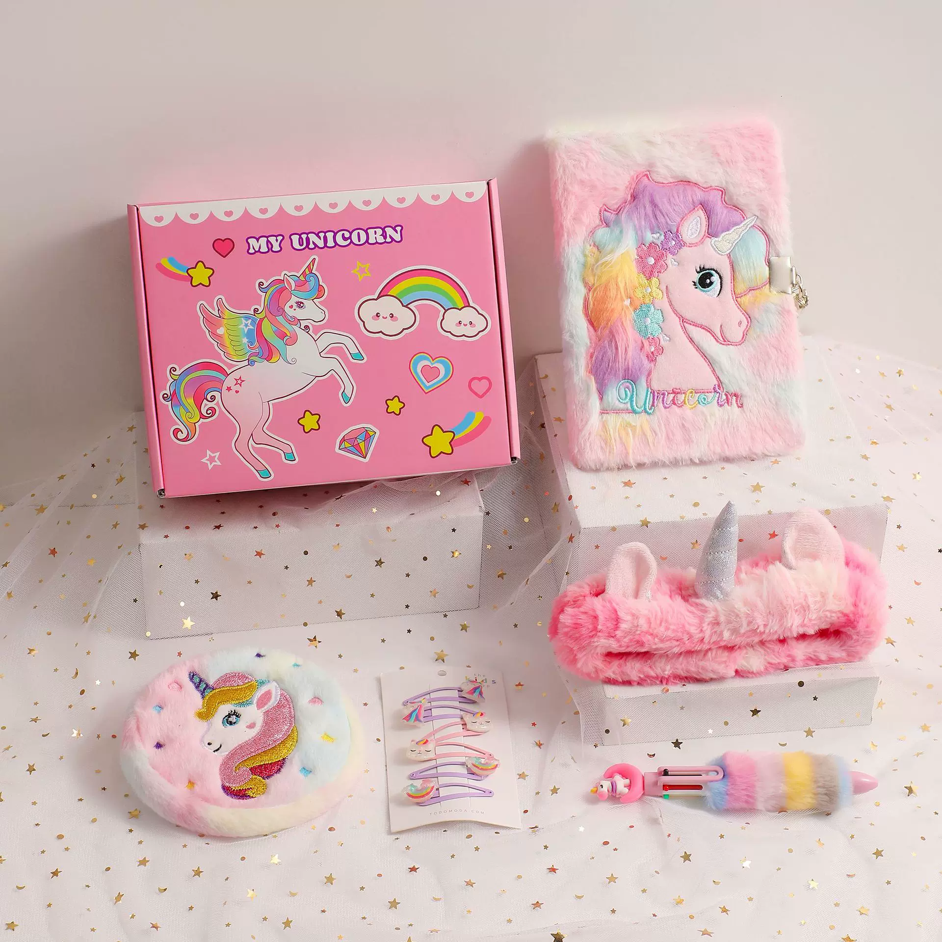 卡通独角兽毛绒笔记本套装礼盒装儿童发饰文具包包学生礼物奖品女