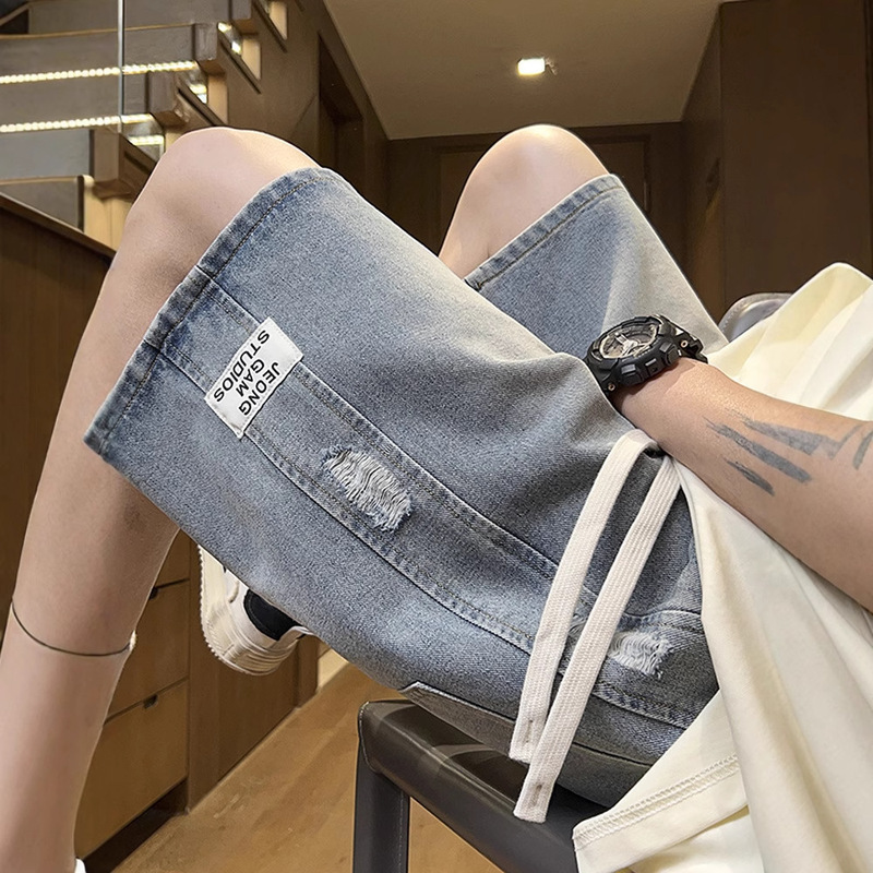 Men's Denim Shorts Summer Thin Side-Slit Design Mid-Length American High Street Loose Straight Five-Point Shorts Men's Denim Shorts Summer Thin Side-Slit Design Mid-Length American High Street Loose Straight Five-Point Shorts