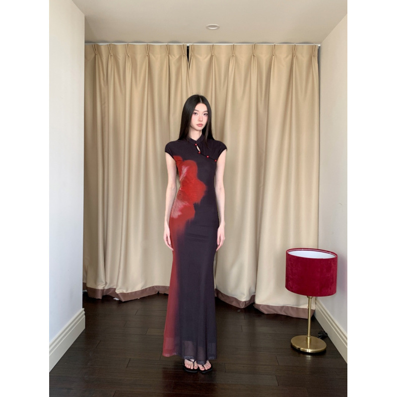 Mirage New Chinese Style Black and Red Contrast Print Waist-Cinching Hip-Fitting Cheongsam Dress