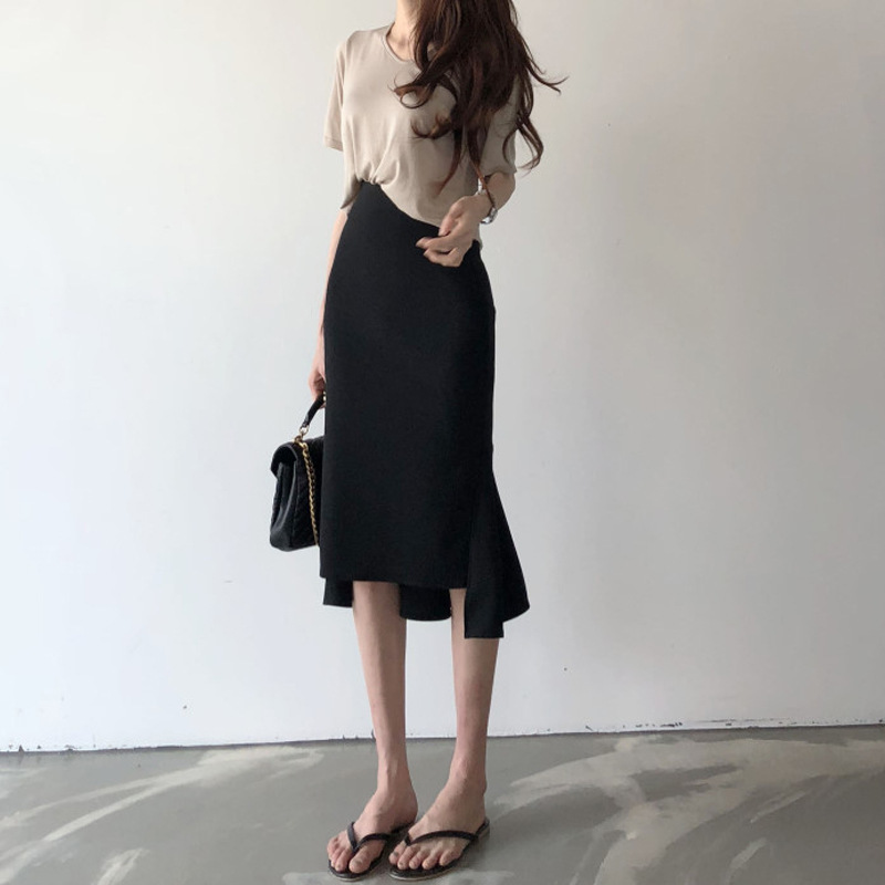 Xiaozhi~Black Fishtail Skirt, Hip-Covering Skirt, Women's Spring & Fall High-Waisted Asymmetrical Design, Niche