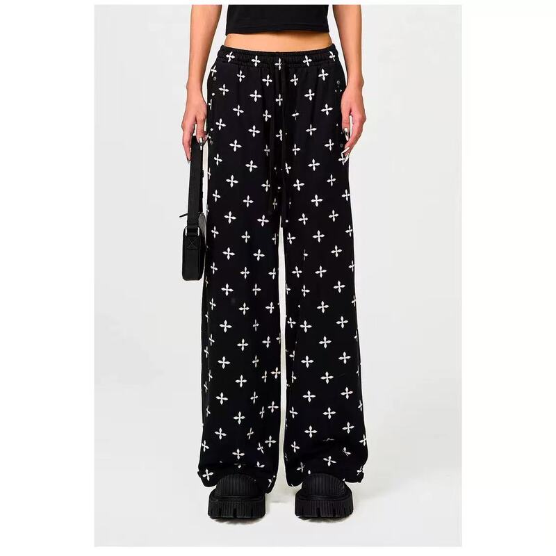 Smfk Black Garden Wide-Leg Sports Pants with Drawstring, Loose Fit, Pure Cotton, Full Cross-Pattern Print, Casual Sweatpants Smfk Black Garden Wide-Leg Sports Pants with Drawstring, Loose Fit, Pure Cotton, Full Cross-Pattern Print, Casual Sweatpants