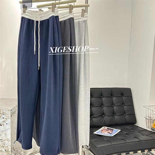 American Retro Color-Blocking Splicing Casual Sporty Pants for Women Early Autumn Straight-Take High-Waist Slimming Loose Wide-Leg Pants