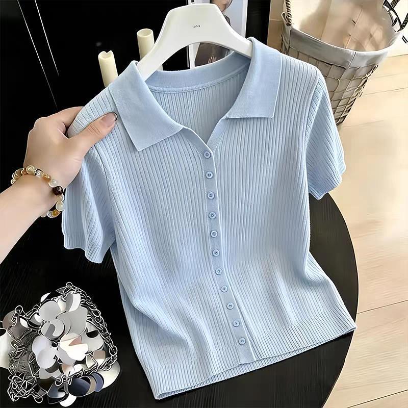 French-Style Gentle and Elegant Versatile Polo Collar Short-Sleeve Knit Cardigan Women's Jacket Summer New Thin T-Shirt Top