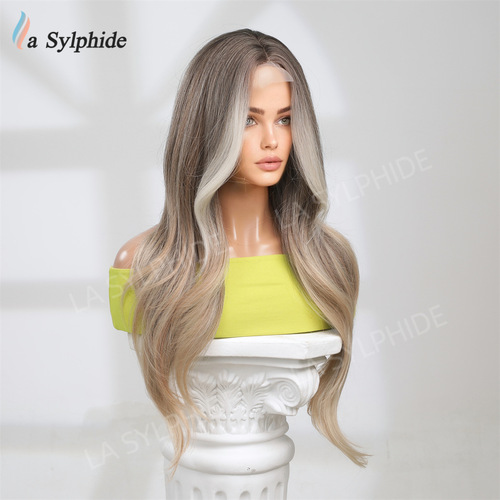 Wigs Amazon export hot sale synthetic frontal lace brown gradient long straight hair for women