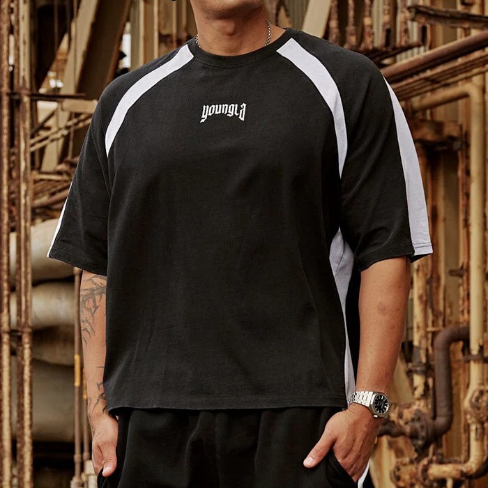 Youngla New Men's Patchwork T-Shirt Jogger Muscle Sports Fitness Quick-Drying Breathable Casual Trend Short Sleeve