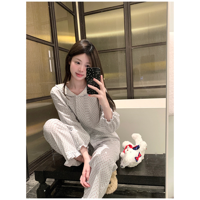 Gentle and Sweet Floral Navy Collar Soft Waxy Cotton Fresh Home Clothes Pajamas suit