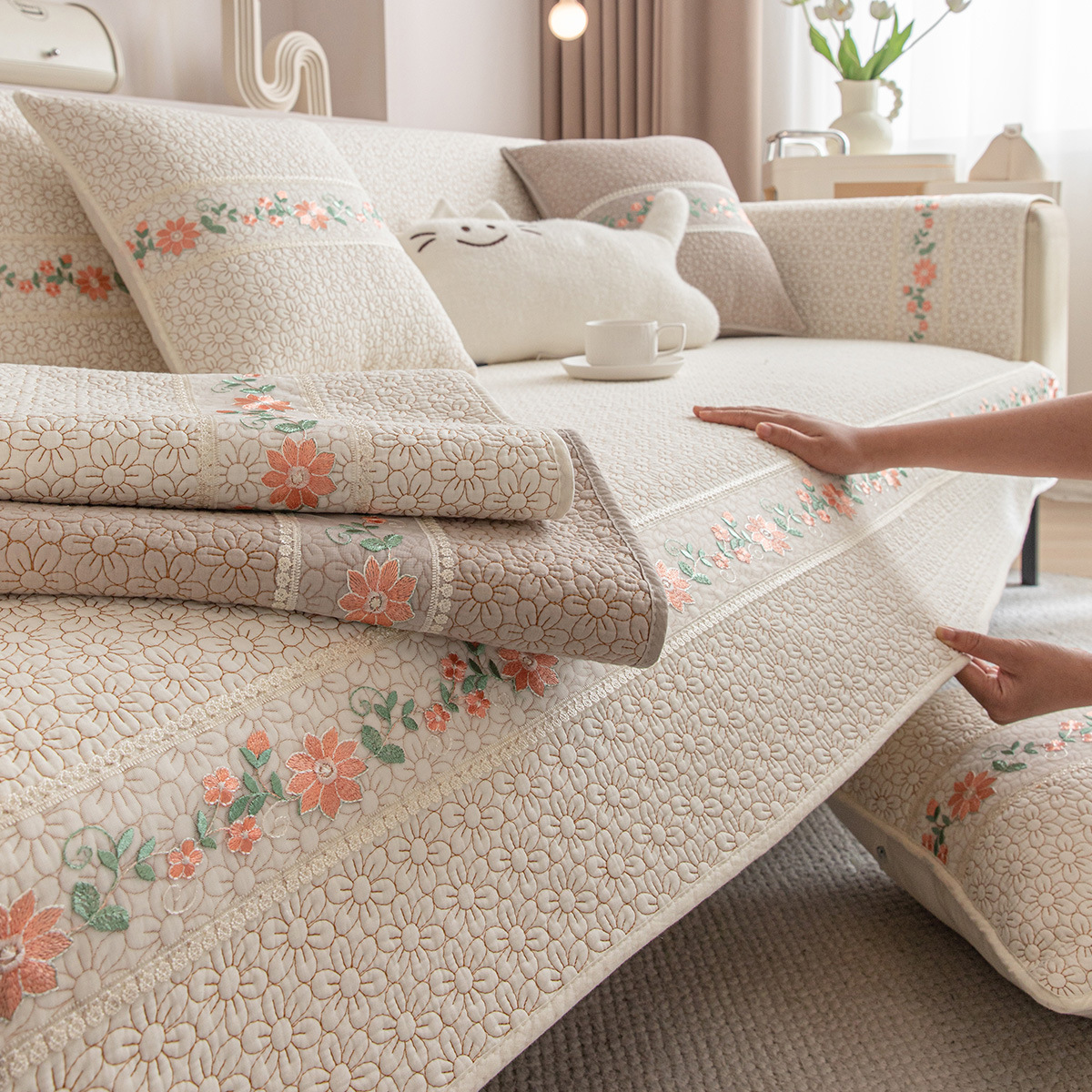 Korean Single Cotton Sofa Cushion, Universal Fabric for All Seasons, Non-Slip Sofa Cover, Sofa Towel, Pastoral Cream Style Sofa Seat