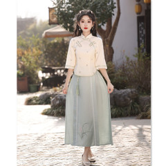 艾旗繡時尚改良民族風旗袍上衣套裝2024春夏新款年輕少女中式旗袍