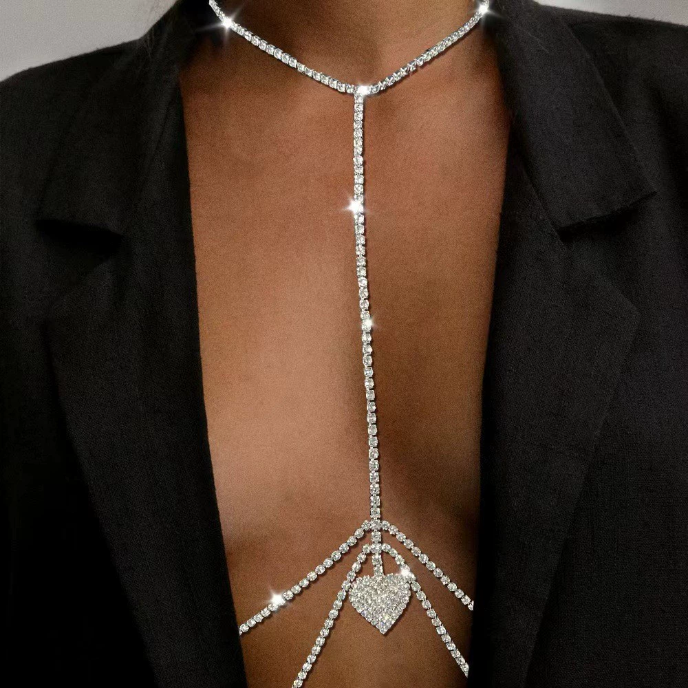 2024 сексуальная грудь со стразами, талия, женская европейская и американская минималистская персиковое сердце, цепь тела, летняя пляжная цепочка бикини