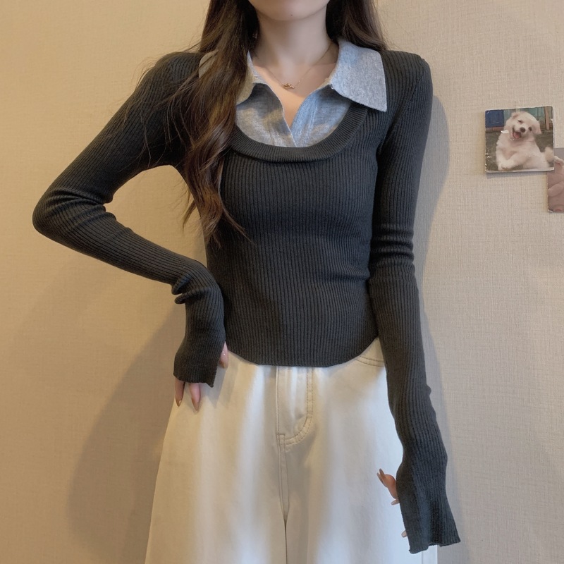 大码假两件撞色翻领针织衫女春秋胖mm显瘦短款不规则内搭打底上衣|undefined