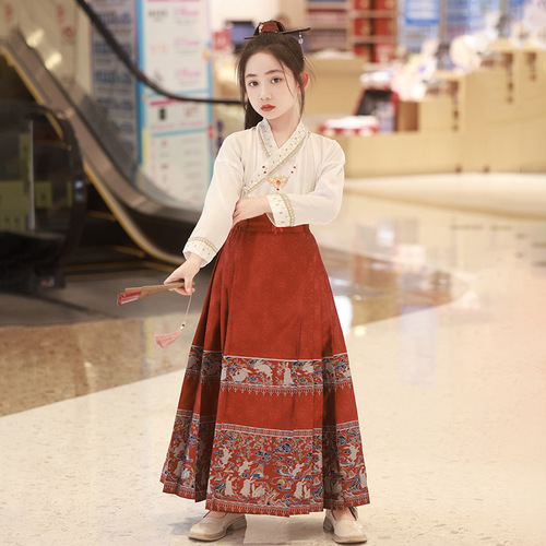 Little Girl's Mamian Skirt Spring Hanfu Set National Style 2024 New Version Ming Style Improved Tang Suit National Trend Flower Girl Dress