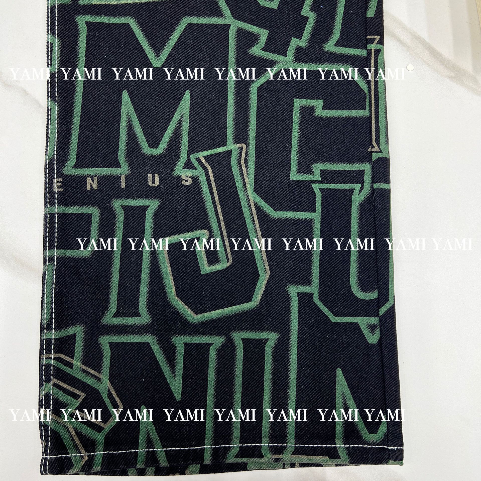 10*7 tejido de mezclilla post-procesamiento de color pull impresión negro tela de mezclilla verde inglés Carta Grande tela de impresión