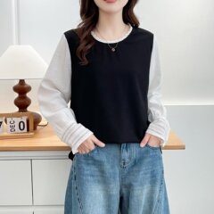 2025大码女装秋季新款气质休闲花边圆领假两件上衣胖妹妹小衫8446