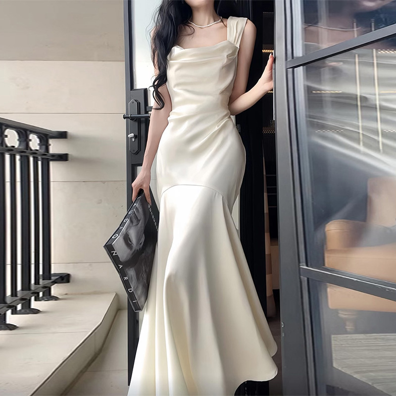 TZ4239 Summer New French Style Elegant Fishtail Dress Women's Socialite Light Luxury Sexy Long Dress with Sling