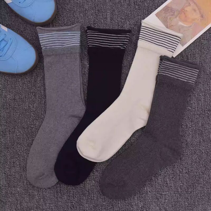 Striped Socks for Women, Mid-Calf Socks, Spring and Autumn Cotton Socks, Korean and Japanese Style, Sports Double Cuff Socks, Trendy Rolled Edge Long Socks