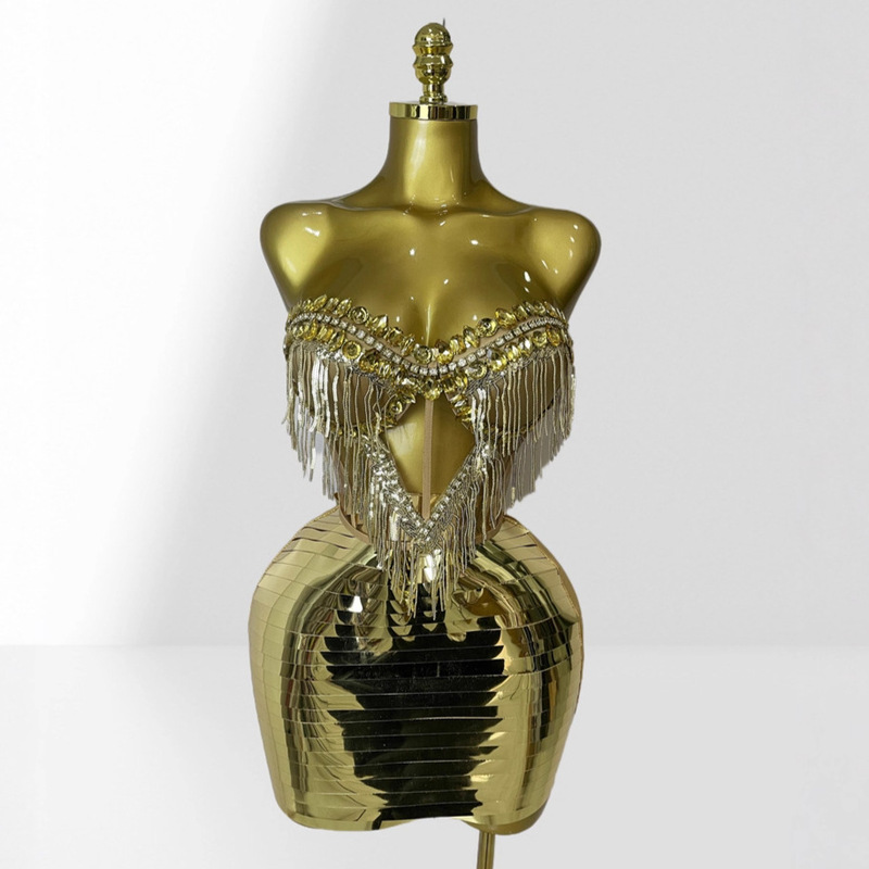 Cross-Border Golden Rhinestone Tassel Sexy See-Through Top Mirror Skirt Suit Fashionable Hot Party Performance Dress