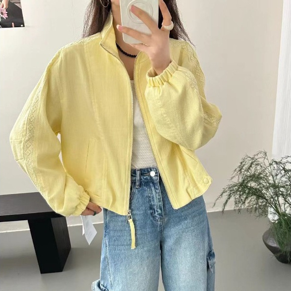 Korean-Style Hollow Lace Design Stand-Collar Short Jacket for Women, Early Spring Loose Casual Zip-Up Baseball Jacket Trendy Korean-Style Hollow Lace Design Stand-Collar Short Jacket for Women, Early Spring Loose Casual Zip-Up Baseball Jacket Trendy