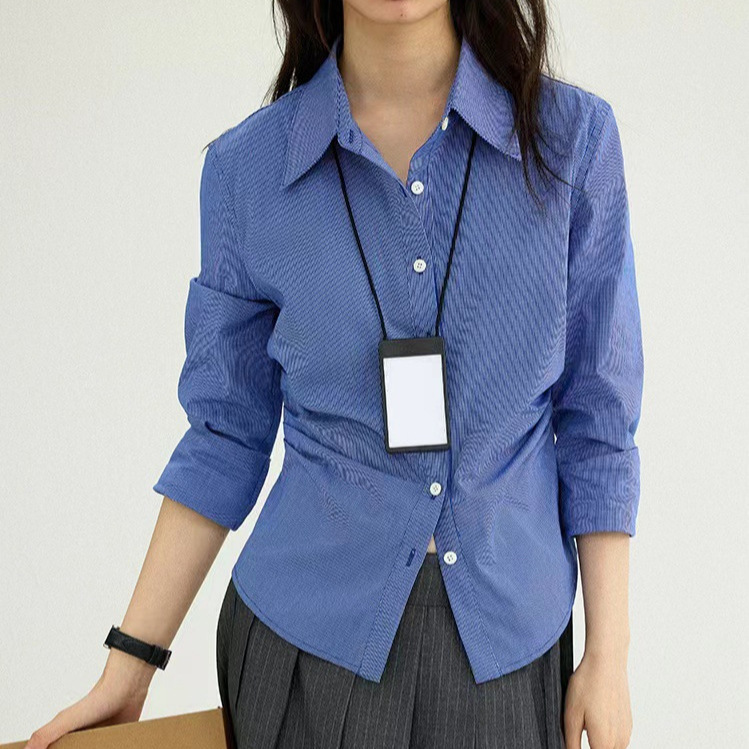 Fashionable Preppy Retro Pleated Elegant Long-Sleeved Shirt for Women in Spring and Autum Waist Slimming Look Top