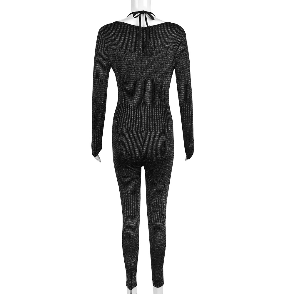 Autumn Winter Chest Wrapped Two Piece Set Lace up Cutout Nylon Long Sleeve Jumpsuit High Elastic Women Clothing