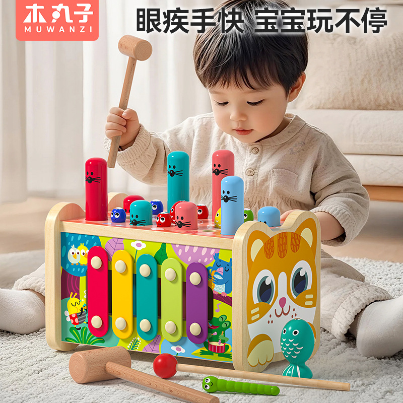 Niños de madera bicolor multifuncional con cinco lados de la enseñanza temprana golpea la harina para atrapar los gusanos mano-ojos coordinación juguete de puzzle
