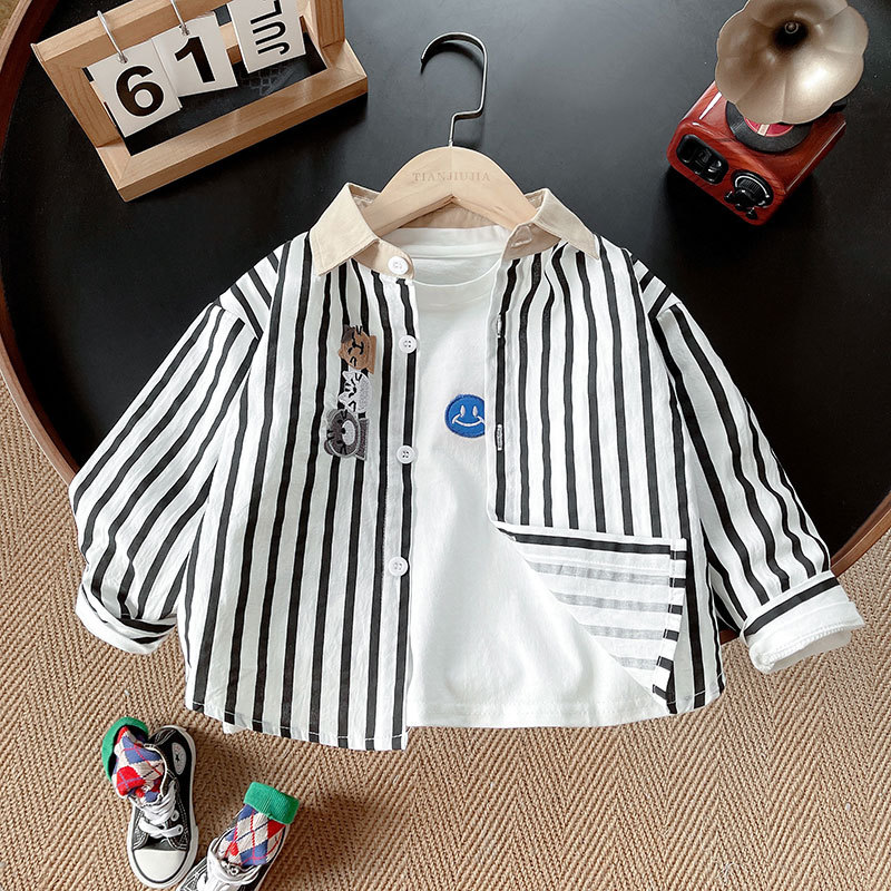 Camisas para niños ropa de otoño para niños 2025 nueva camisa de bordado de dibujos animados a rayas de solapa ropa para niños chaqueta coreana top