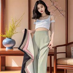 休闲西装裤女夏季小香风窄版黑色阔腿裤侧拉链高腰显瘦垂感微喇裤