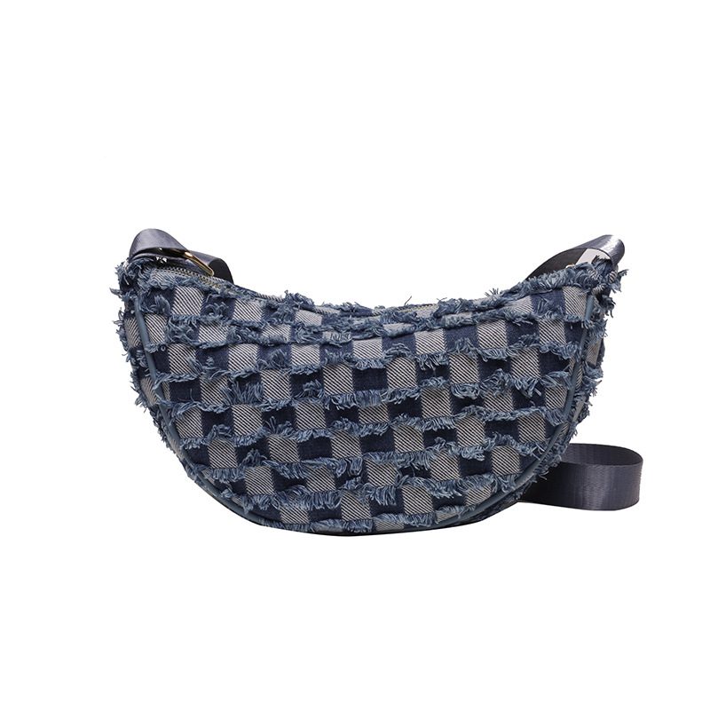 2023 new Korean version denim patchwork shoulder crossbody bag simple ins lightweight student plaid canvas large shoulder bag_voghion.com
