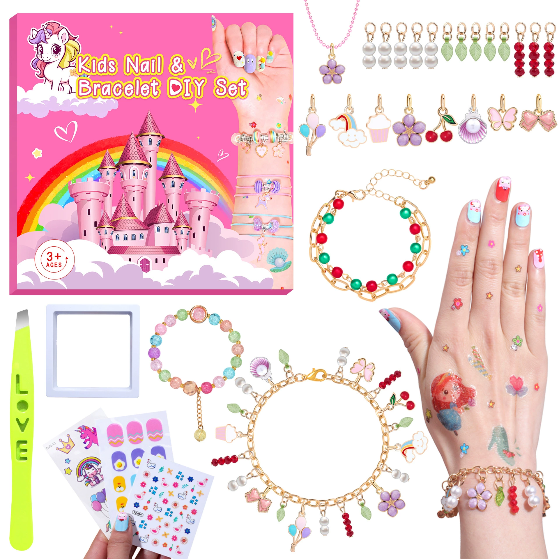 Набор браслетов с бусинами в виде единорога для детей, ручной работы, DIY, браслеты с бусинами, наклейки для ногтей, подарочная коробка