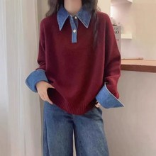 2025秋冬季韩版新款宽松翻领时尚百搭针织牛仔拼接假两件毛衣女款