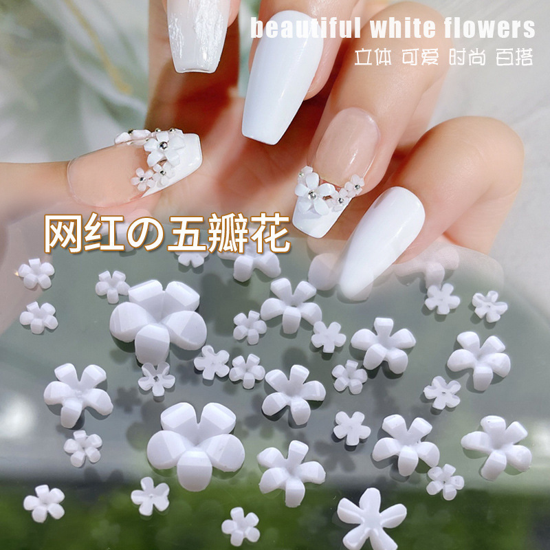 100 Internet Celebrity Five-Petal Flowers Small White Flowers Stereo Mini Japanese Ins Resin White Small Flower Nail Decorations