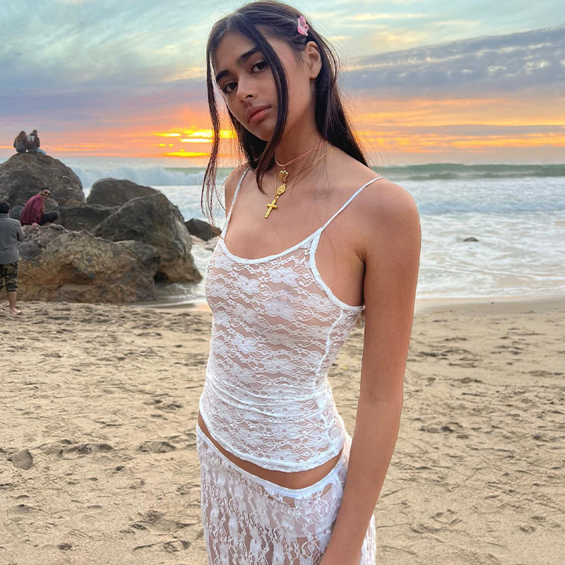 Cross-border New Women's Slim-fit Skinny Small Sling Lace Perspective Sexy Top Pure Desire Sweet Spicy All-match Vest
