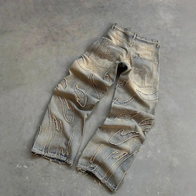 Vaqueros viejos retro americanos, estilo de primavera y otoño para hombres, sentido del diseño, pantalones guapos callejeros fritos de la marca de moda de pierna ancha recta de nicho