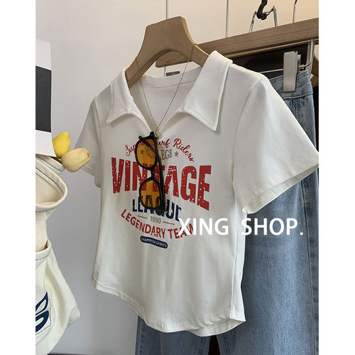 2025 summer v-neck front shoulder short-sleeved T-shirt for women's design niche waist-hugging slim short polo shirt hot girl top