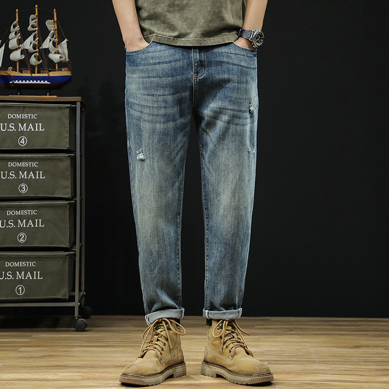 Herr vår/sommar ny produkt Big Bull Wind perforerade jeans lösa, lätta, andningsbara 9/4 fotbyxor_voghion.com