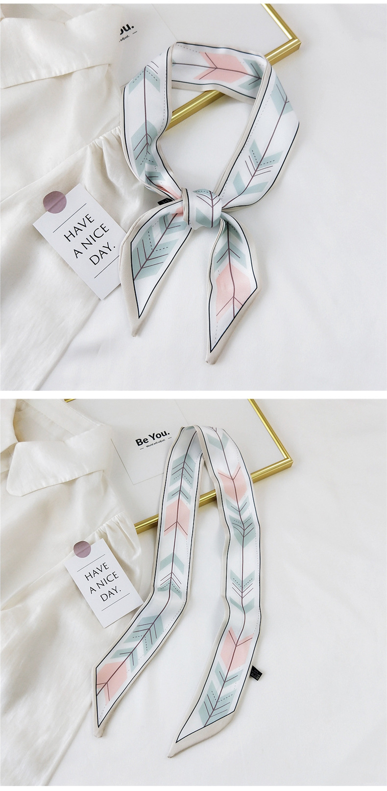 30g Weight Silk Scarf Classification Travel Occasion Unisex Gender Sweet Style Khaki, Grey, Pink, Purple, Red, Green, Blue, Black Color Fashion Streamer Printing Bow Silk Scarf Wholesale 10