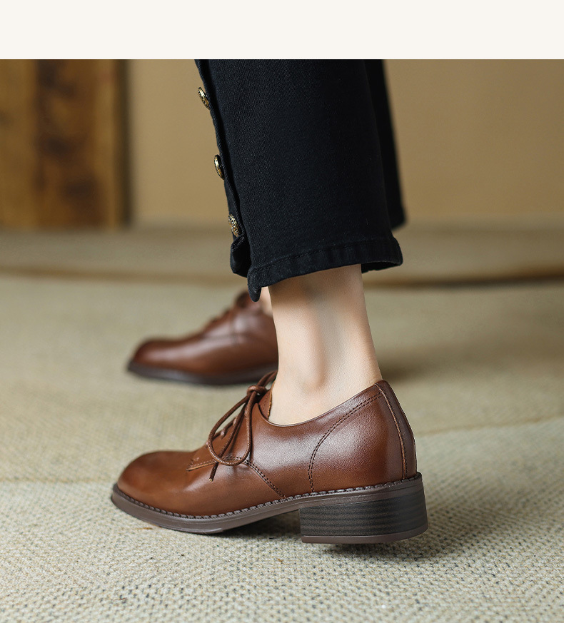 Giày lười nữ mũi vuông kiểu Anh dây buộc miệng sâu cổ điển — màu nâu chi tiết 15