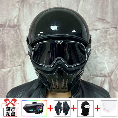 National Standard 3C Certified Retro – Motosiklet kaskı (dəbilqə) - bright-black-with-retro-black-tea-goggles-transparent-glasses-delivered-y10-soft-wheat-m