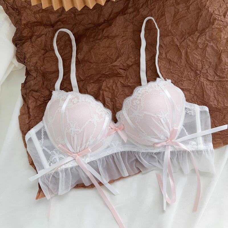 Cute Pure Desire Style Lace Underwear Women's Small Chest Gather-up Collocate Cleanser Mesh Sexy Bow Bra suit