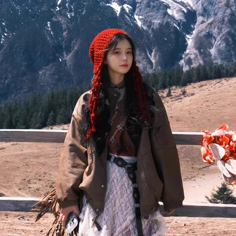 川西旅游红色流苏针织包头帽女显脸小出游拍照镂空毛线帽套头帽子|undefined