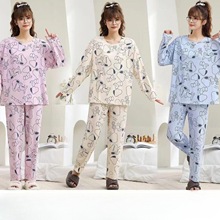睡衣女春秋新款可爱卡通简约休闲圆领套装家居服可外穿