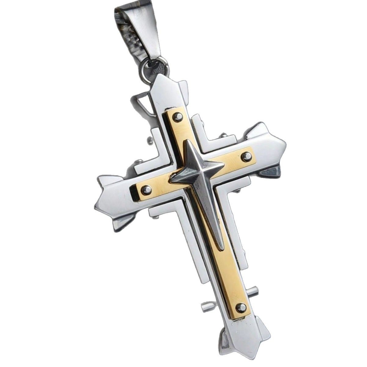 Stainless Steel Three-layer Cross Pendant Necklace For Men_voghion.com