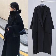 跨境冬季收腰系带中长款法式风衣外套女宽松仿毛呢羊绒毛呢大衣女