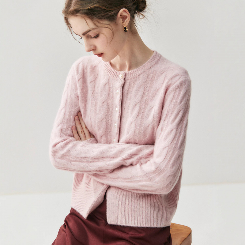 Pearl Button Light Luxury Cashmere Knit Cardigan for Women, Soft and Thick Wool Coat, 2025 Autumn and Winter New Round Neck Sweater