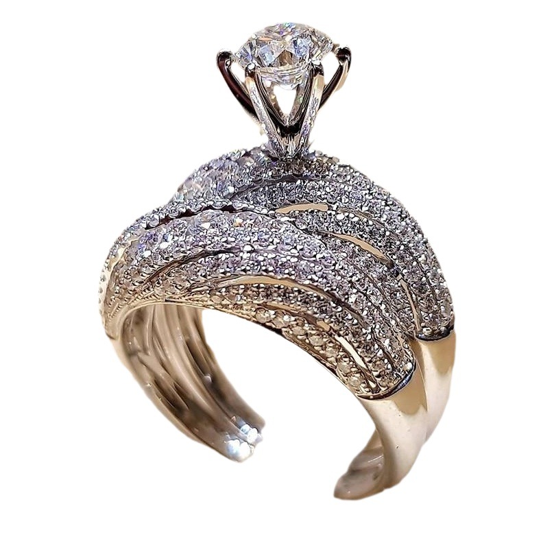 Sanjie deseo Venta caliente diamante completo doble capa simulación diamante conjunto anillo femenino eBay nuevo plateado S925 anillo de compromiso de plata