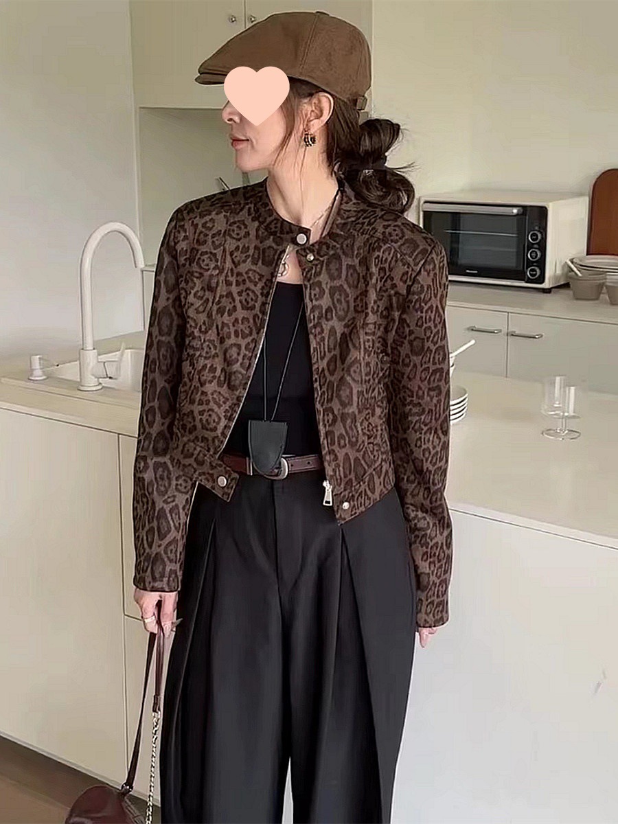 复古设计感豹纹立领拉链短外套女2025春季新款时尚小个子夹克上衣