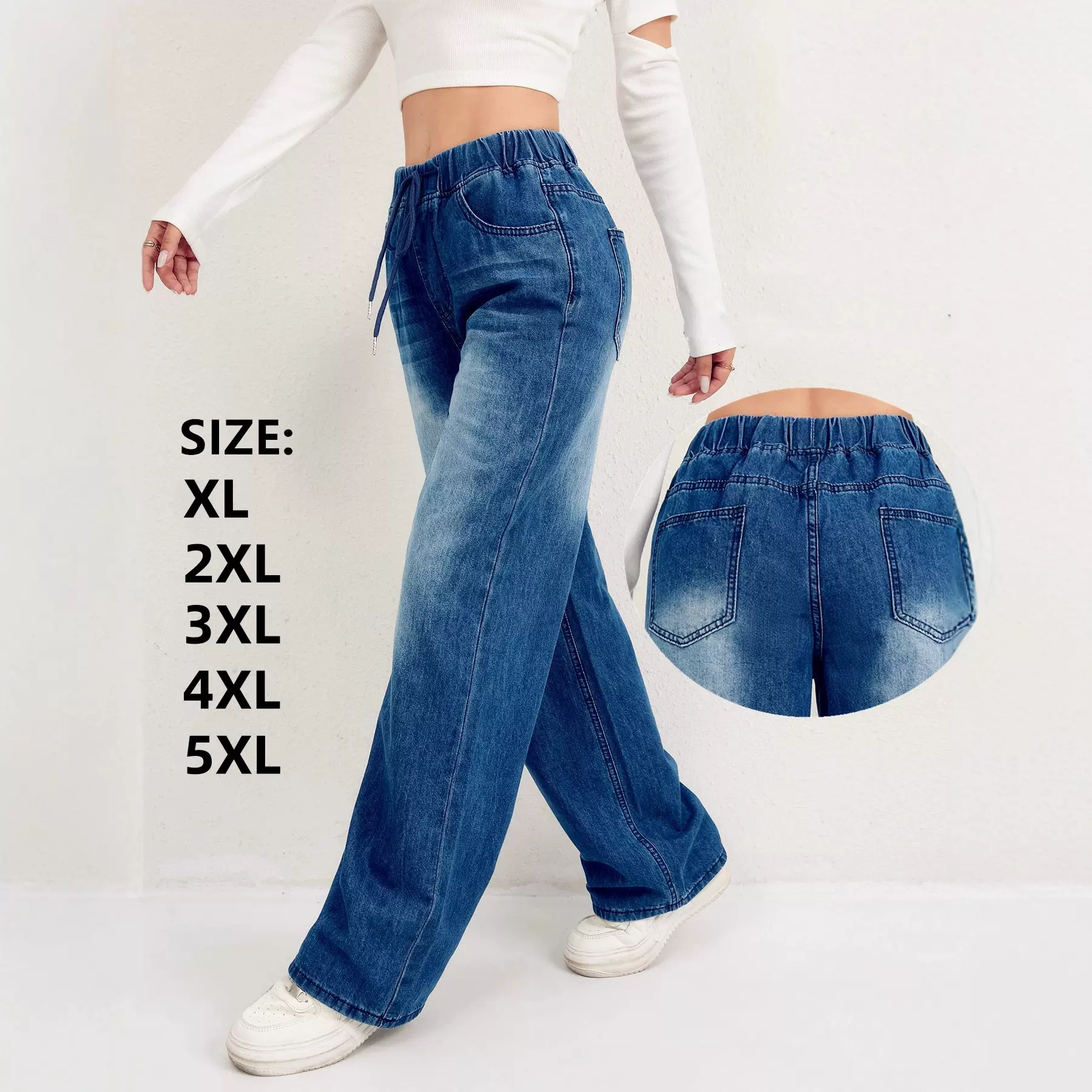 跨境抽绳爆款加大码阔腿直筒牛仔裤女跨境库存JEANS橡筋深蓝独立