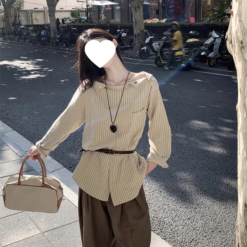 韩版条纹正肩开叉长袖衬衫秋季2025新款设计感时尚气质小众上衣女|undefined