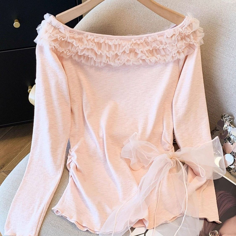 French-Style Sweet Lace Patchwork Off-Shoulder Long-Sleeve T-Shirt for Women, 2026 Spring and Autumn New Slim-Fit Short Top French-Style Sweet Lace Patchwork Off-Shoulder Long-Sleeve T-Shirt for Women, 2026 Spring and Autumn New Slim-Fit Short Top
