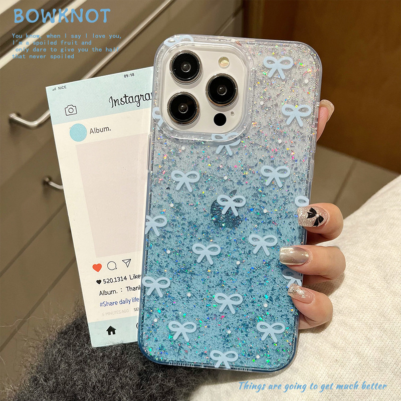 Glitter Powder Bow Phone Case Suitable for Apple 16Promax Pink Iphone14Pro Hard Protective Case